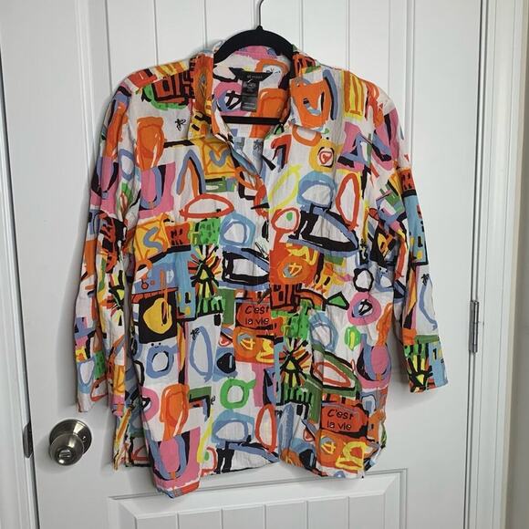Ali Miles colorful abstract patchwork blouse Petite XL lagenlook art to wear - Picture 2 of 8